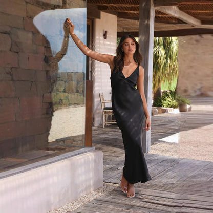 Robe de soirée femme – Satin lisse – Fendue – Sans manches – Dos nu – Décolleté V