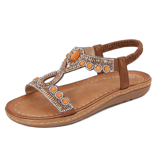 Sandales femme – Semelle plate – Bride élastique – Détail perles bohème confort
