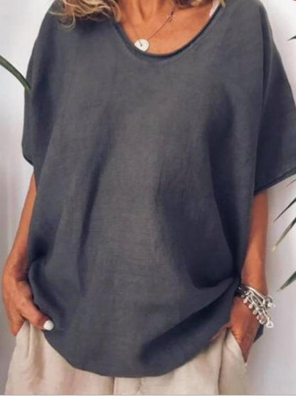 T-shirt Femme – Coupe Ample – Lin et Coton – Manches Courtes – Col en V Casual