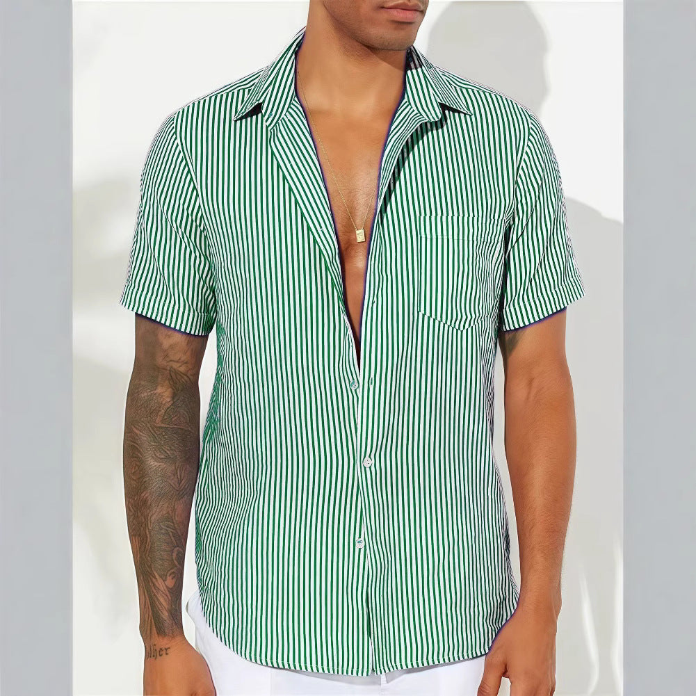 Men's short-sleeve shirt – Relaxed fit – Vertical stripes – Breathable fabric
