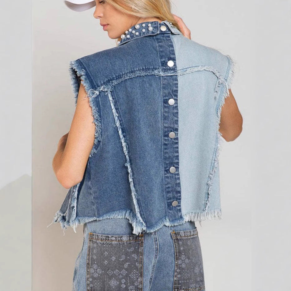 Veste en jean femme – Coupe courte – Patchwork – Clous décoratifs – Finition usée