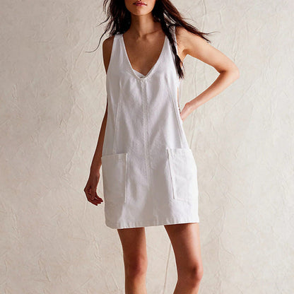 Robe femme courte – Coupe droite décontractée – Sans manches – Fibres naturelles – Poches devant
