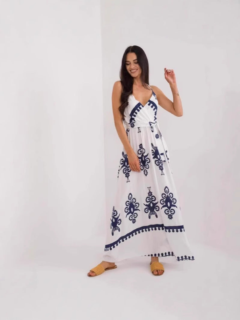 Robe longue femme – Coupe fluide – Décolleté en V – Sans manches – Ceinture – Coton imprimé