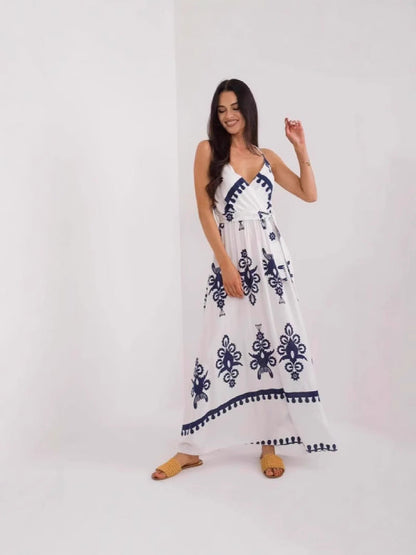 Robe longue femme – Coupe fluide – Décolleté en V – Sans manches – Ceinture – Coton imprimé