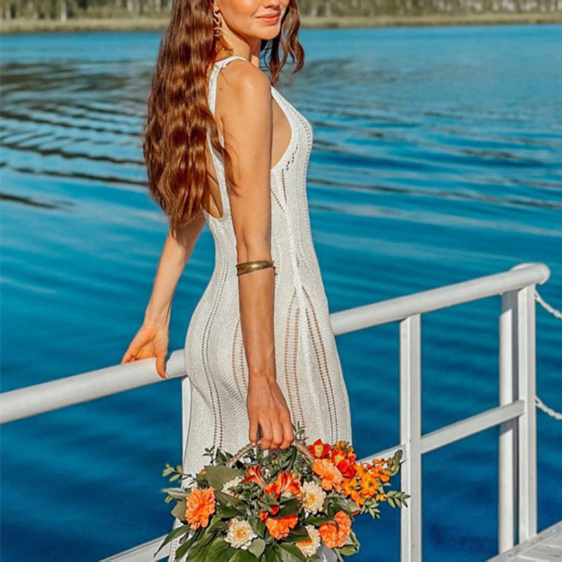 Women's knit dress – Fitted – Sleeveless – Backless – Ankle length