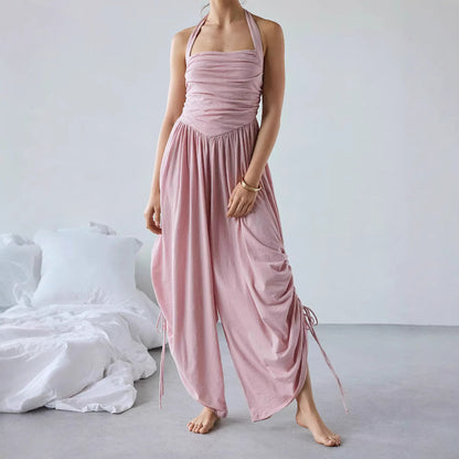 Combinaison Femme – Col Halter – Jambe Large Fluide – Tissu Respirant – Liens Réglables