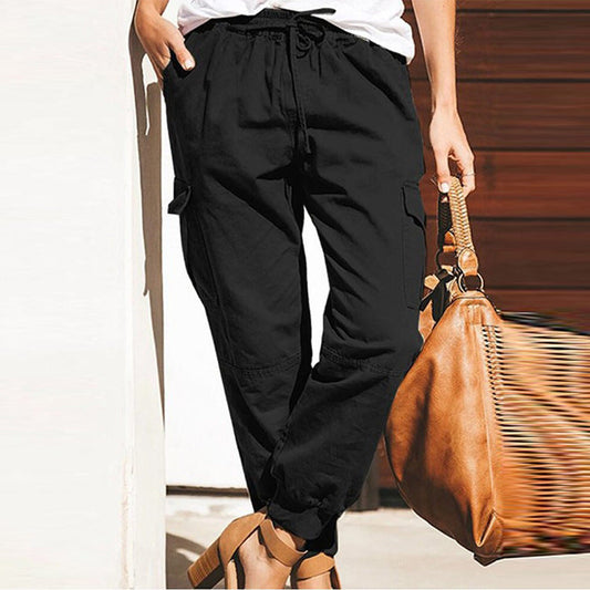 Pantalon cargo femme – Coupe décontractée – Coton – Taille élastique – Poches utilitaires
