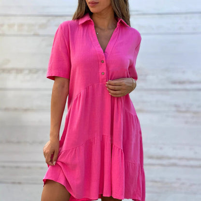 Robe femme évasée – Fibres naturelles respirantes – Manches courtes – Col boutonné