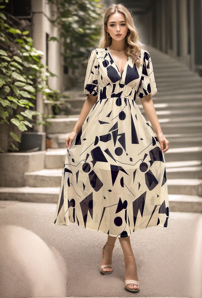 Robe midi femme – Imprimée – Col V – Manches bouffantes – Taille cintrée – Tissu respirant