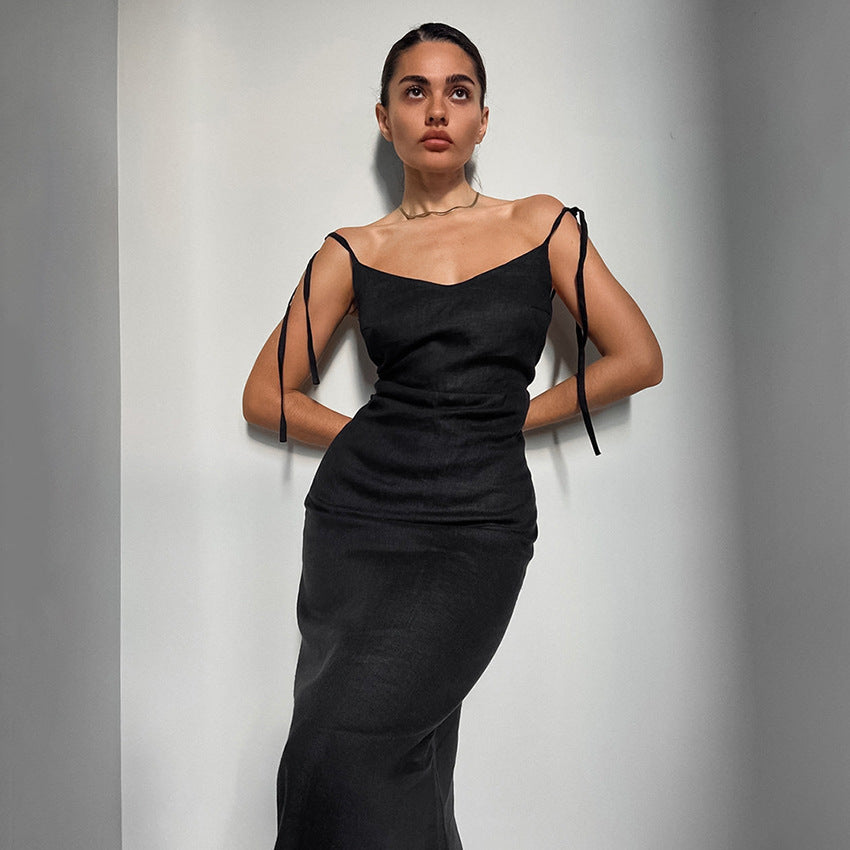 Robe femme – Lin et coton – Coupe évasée – Bretelles réglables – Longueur maxi
