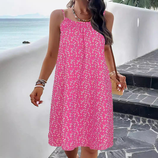Robe trapèze femme – Bretelles fines – Imprimé fleuri – Coupe ample – Longueur genou