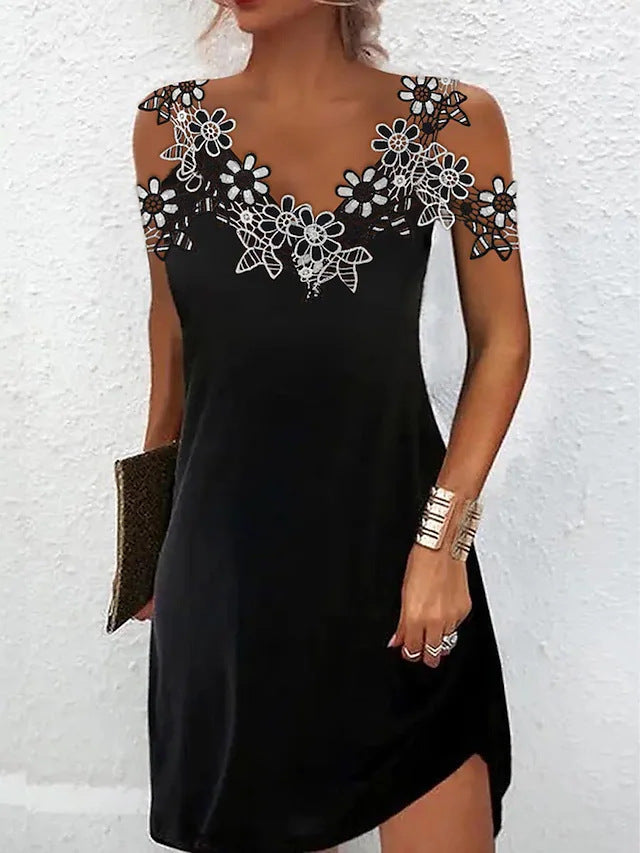 Mini robe pour femmes – Coupe ajustée – Dentelle brodée – Décolleté en V – Sans manches