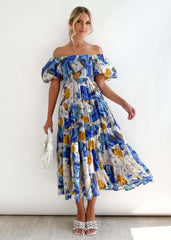 Robe longue femme – Épaules dénudées – Bustier smocké – Jupe à volants – Tissu respirant