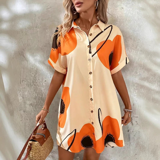 Robe droite femme – Boutonnée – Manches courtes retroussées – Imprimé fleuri – Tissu léger