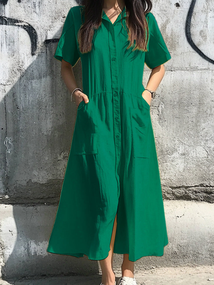 Robe Chemise Femme – Coupe Décontractée – Boutonnage Intégral – Manches Courtes – Longueur Midi