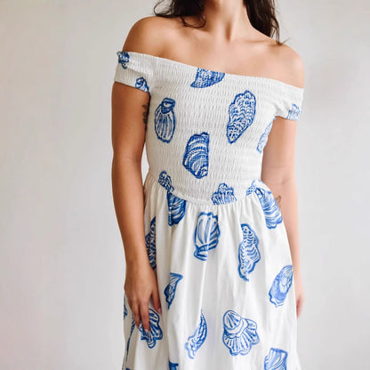 Robe femme épaules dénudées – Coupe évasée – Imprimé coquillage – Tissu respirant