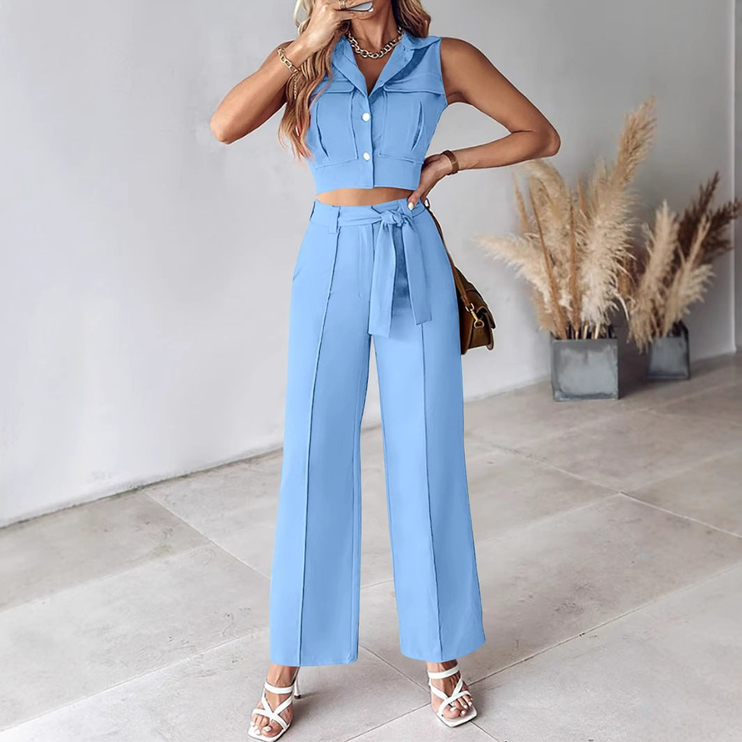 Ensemble femme – Top court sans manches à col – Pantalon large taille haute ceinturé