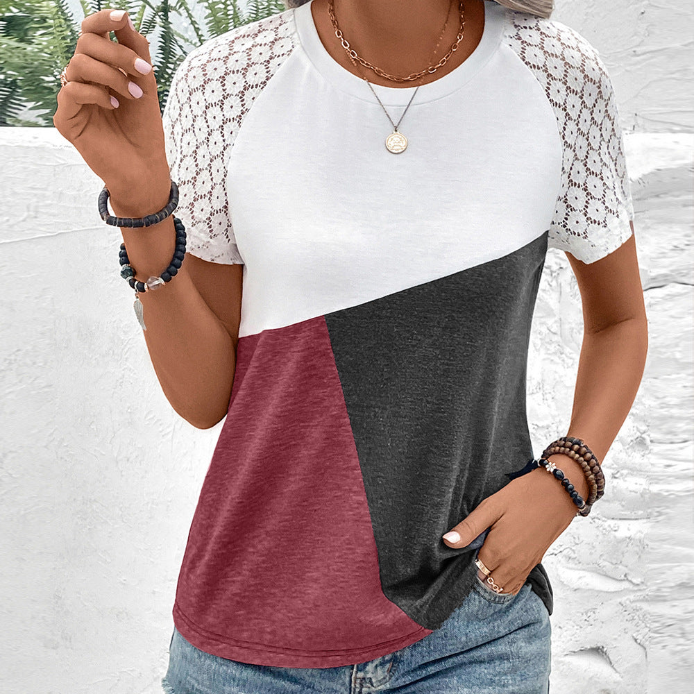T-shirt femme – Coupe décontractée – Manches dentelle – Col rond – Mélange coton