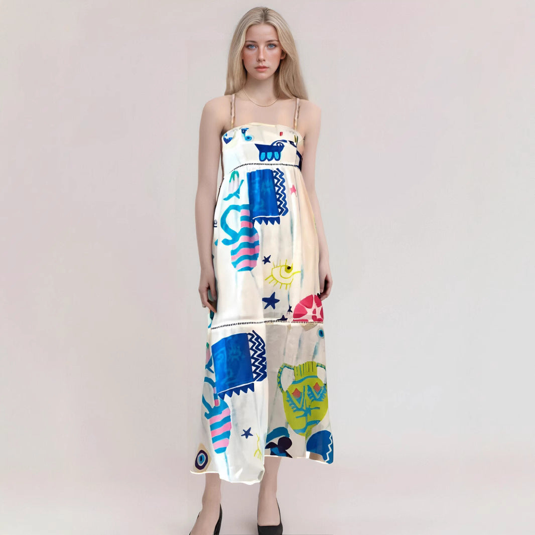Robe longue femme – Tissu fluide – Imprimé abstrait – Taille haute confortable