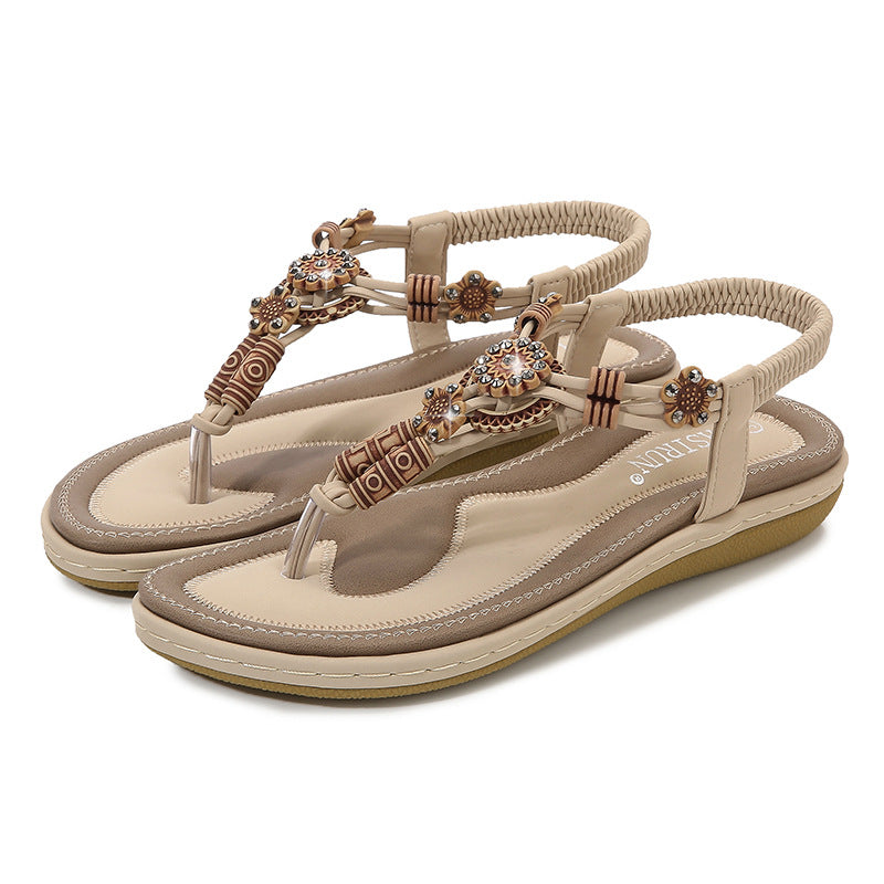 Sandales plates femme – Style bohème – Perles bois – Bride tressée confortable