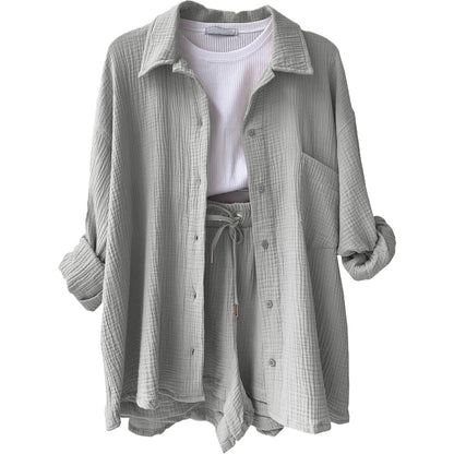 Ensemble short femme – Coupe décontractée – Chemise froissée – Taille haute avec cordon de serrage