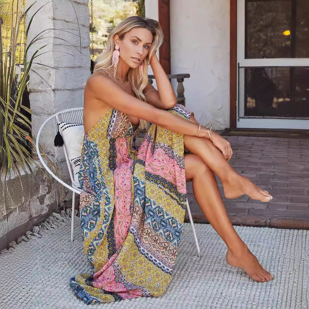 Robe longue femme – Décolleté en V – Dos nu – Bretelles fines – Tissu fluide respirant