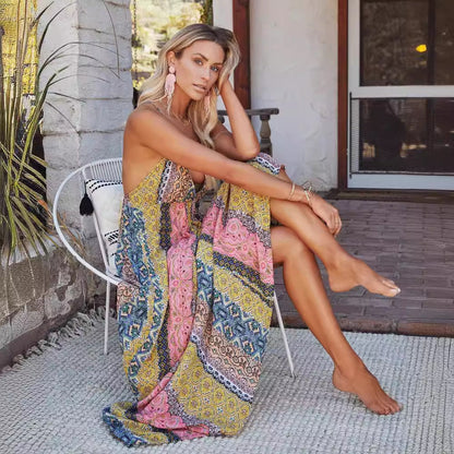 Robe longue femme – Décolleté en V – Dos nu – Bretelles fines – Tissu fluide respirant