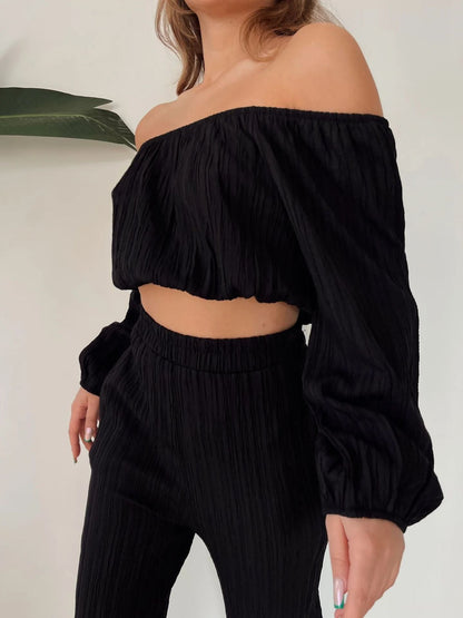 Women's Two-Piece Set – Off-Shoulder Top – High-Waist Wide-Leg Pants