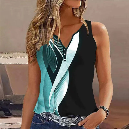 Top sans manches femme – Coupe décontractée – Col en V – Boutons décoratifs – Motif abstrait – Tissu respirant