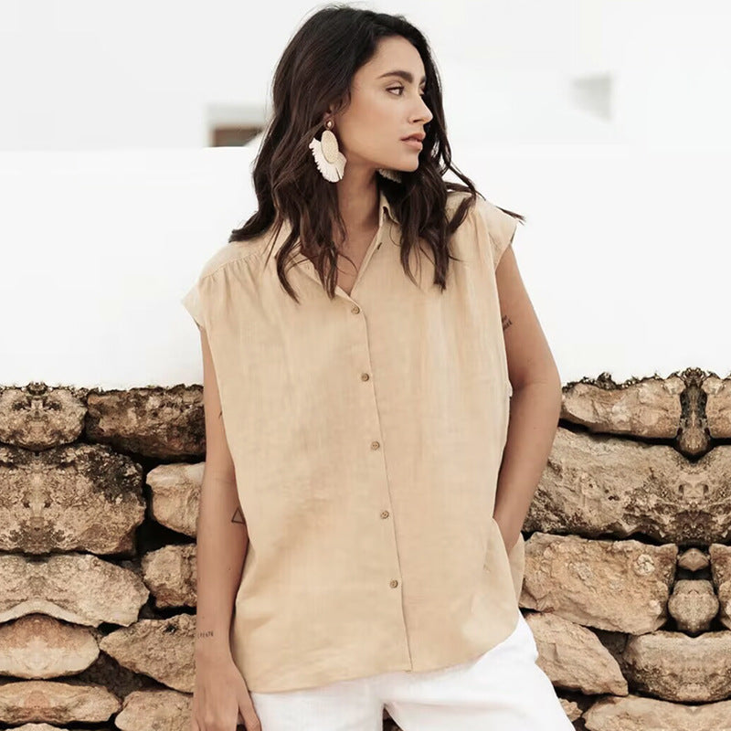 Blouse Femme Sans Manches – Coupe Ample – Tissu Respirant – Col Classique Boutonné