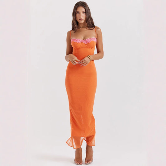 Robe longue femme – Coupe slim – Tissu respirant – Fines bretelles – Finition dentelle