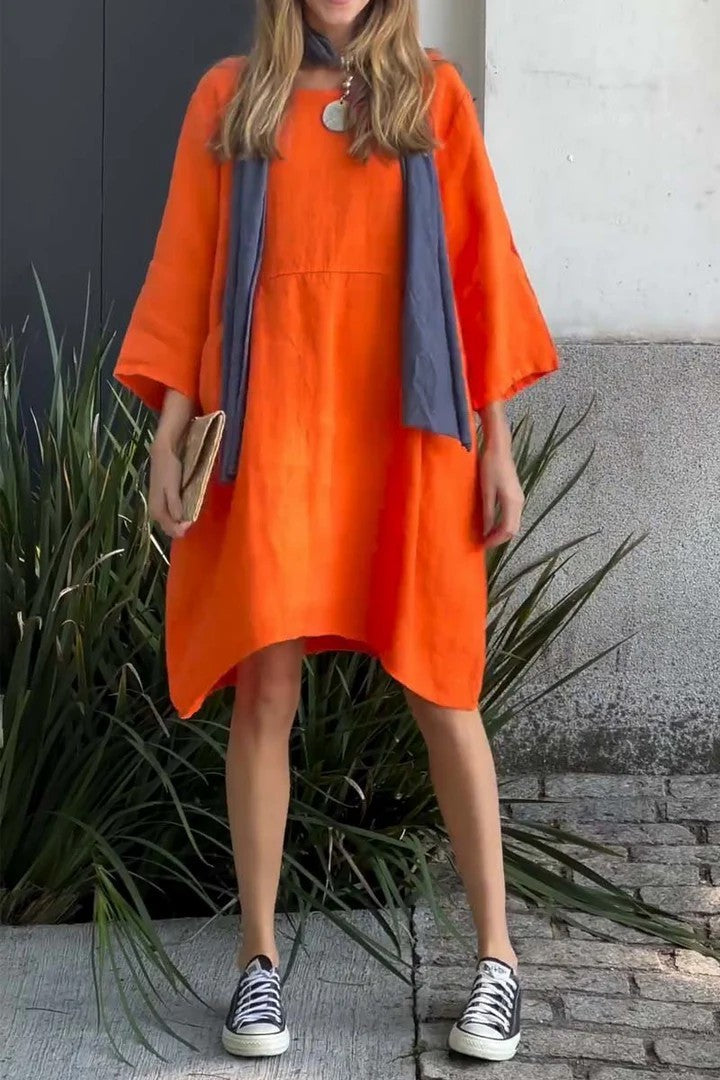 Robe femme – Coupe ample – Lin coton – Manches 3/4 – Longueur genou – Poches