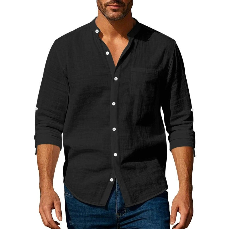 Men's shirt – Breathable linen – Relaxed fit – Band collar – Buttoned cuffs