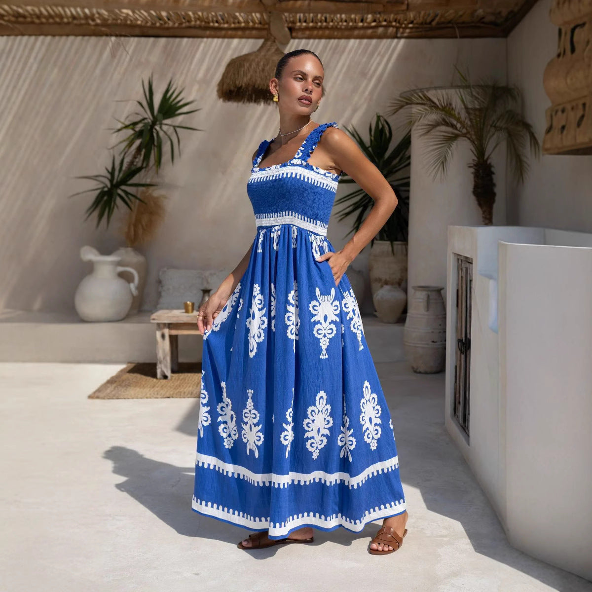 Robe d’été femme – Coton – Coupe évasée – Bretelles volantées – Longueur cheville