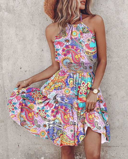 Robe femme halter – Coupe fluide – Coton mélangé – Taille smockée – Longueur midi