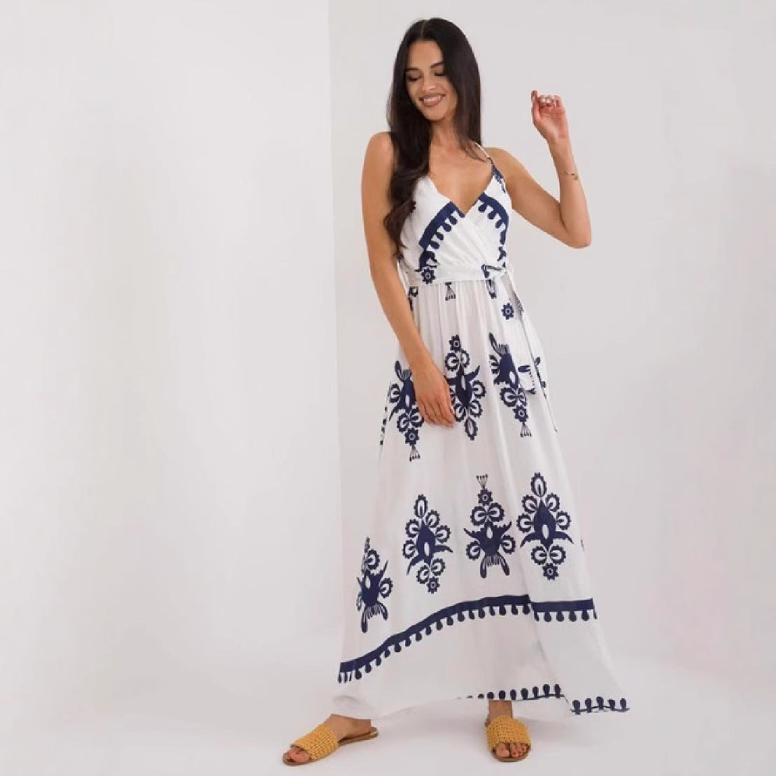 Robe longue femme – Coupe fluide – Décolleté en V – Sans manches – Ceinture – Coton imprimé