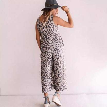 Combinaison femme sans manches – Tissu respirant – Coupe ample – Imprimé léopard – Jambes larges