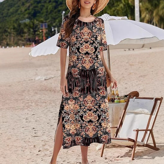 Robe maxi femme – Coupe ample – Imprimé fleuri bohème – Fentes latérales – Tissu respirant