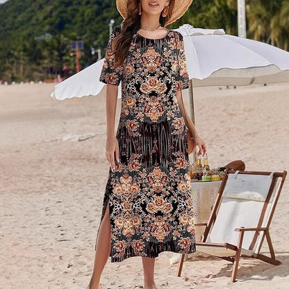 Robe maxi femme – Coupe ample – Imprimé fleuri bohème – Fentes latérales – Tissu respirant