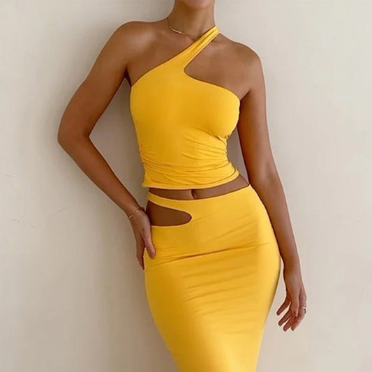Ensemble Jupe Deux Pièces Femme – Coupe Slim – Haut Asymétrique – Jupe Midi Fendue