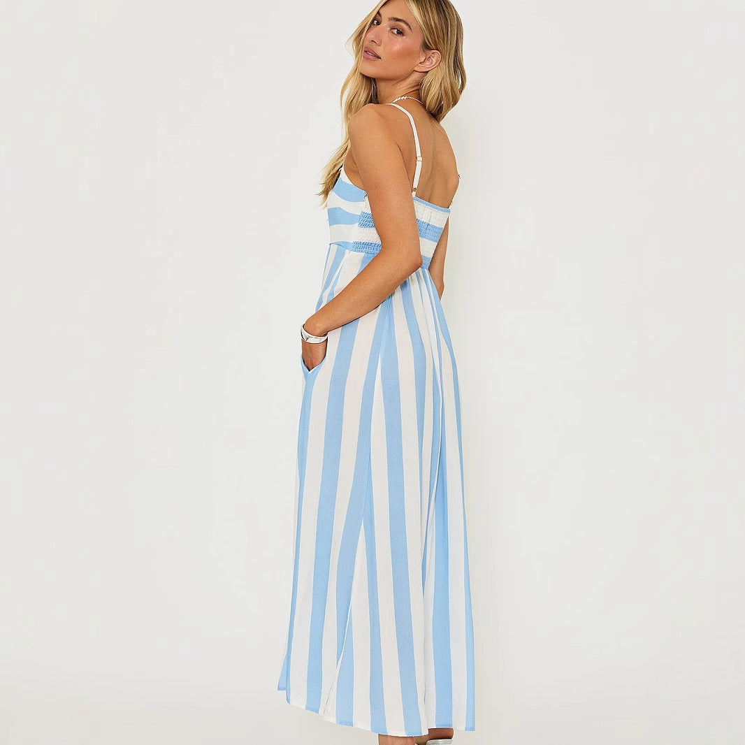 Robe longue femme – Coupe évasée – Col carré – Rayures verticales – Coton