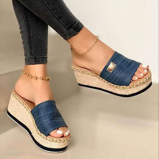 Sandales compensées femme – Bout ouvert – Enfilage facile – Tissu respirant – Talon gainé tressé