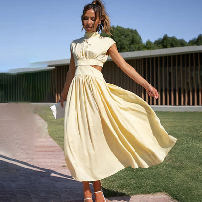 Robe midi femme – Coupe élégante – Taille cintrée – Buste plissé – Détail ajouré