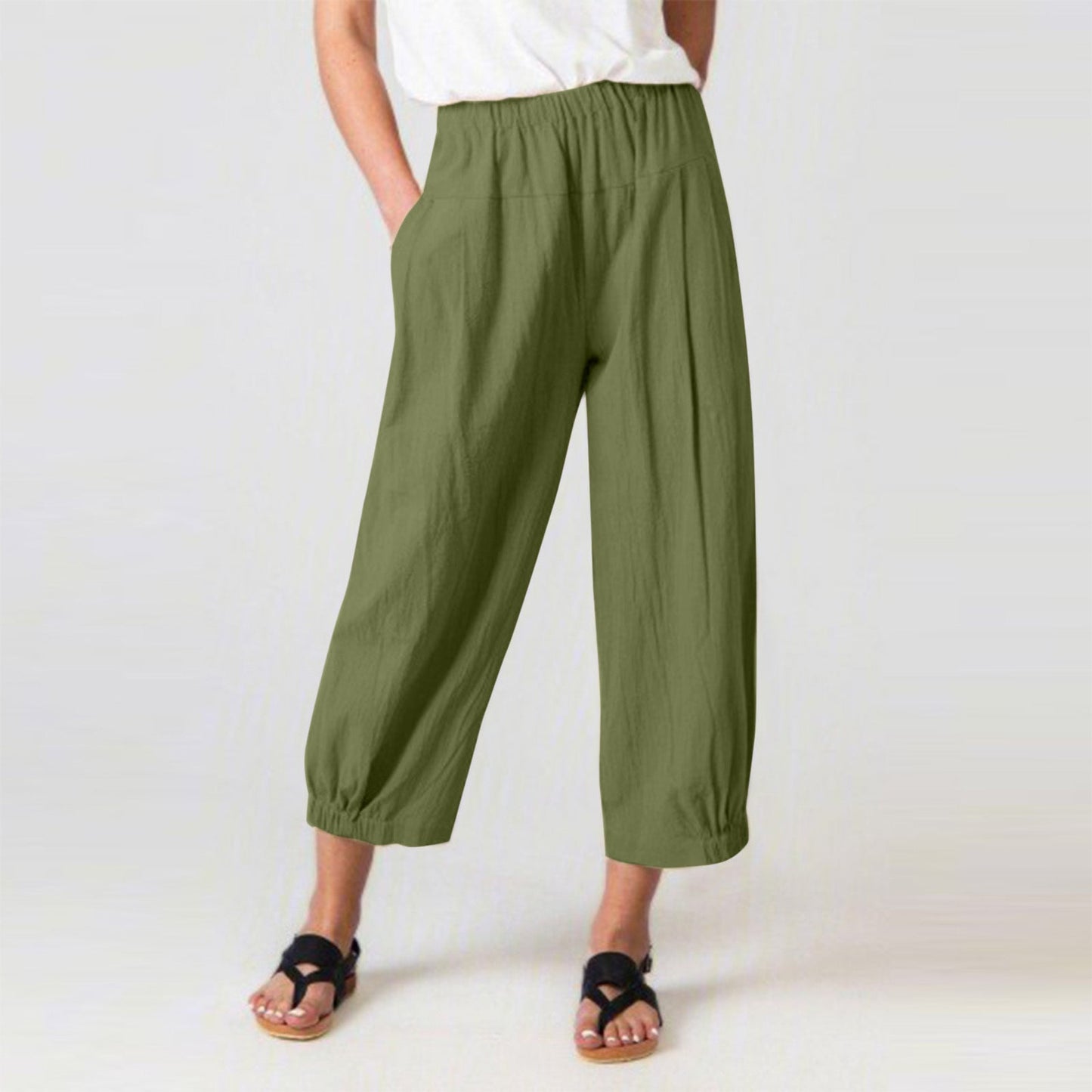 Pantalon Harem Femme – Taille Haute Élastique – Coupe Ample Croppée