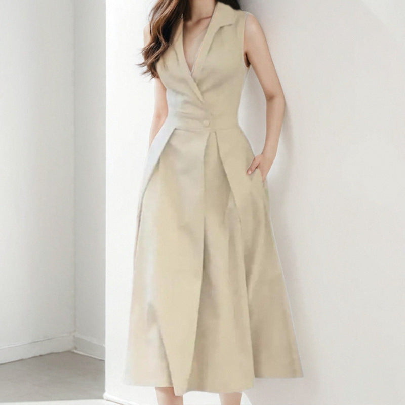 Robe midi femme – Sans manches – Col tailleur – Tissu fluide respirant – Coupe évasée