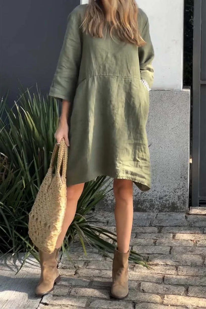 Robe femme – Coupe ample – Lin coton – Manches 3/4 – Longueur genou – Poches