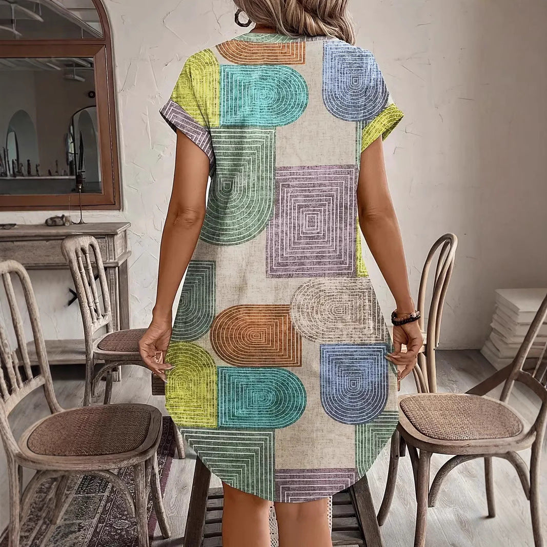 Robe femme col V – Coupe décontractée – Manches courtes – Boutonnée – Tissu respirant