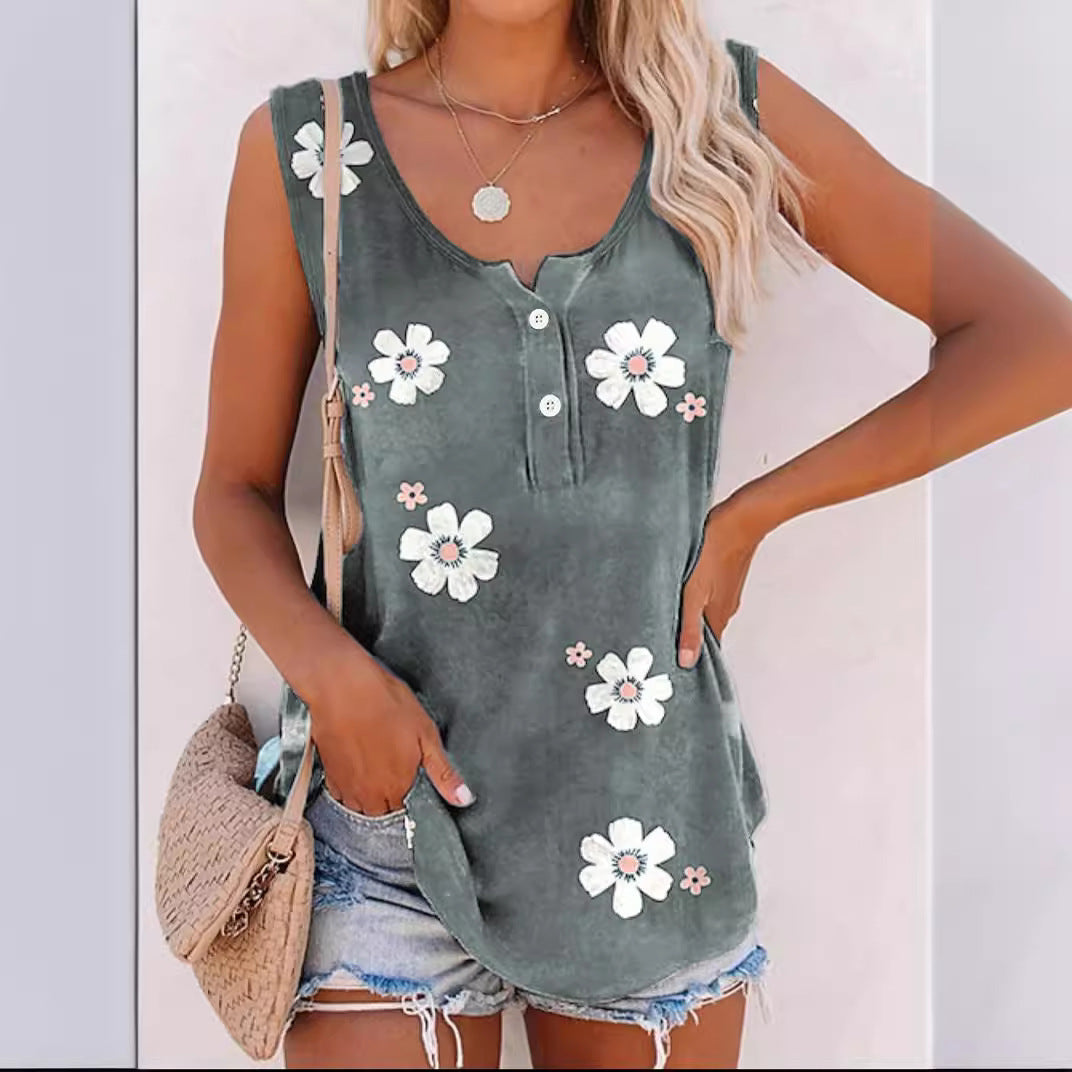 Top sans manches femme – Coupe décontractée – Col rond – Imprimé fleuri – Coton