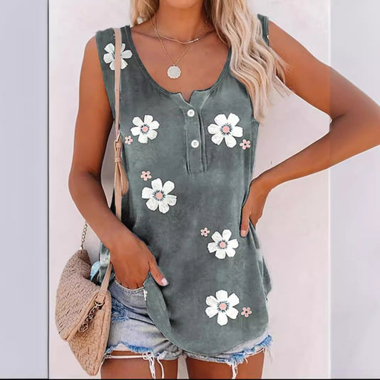 Top sans manches femme – Coupe décontractée – Col rond – Imprimé fleuri – Coton