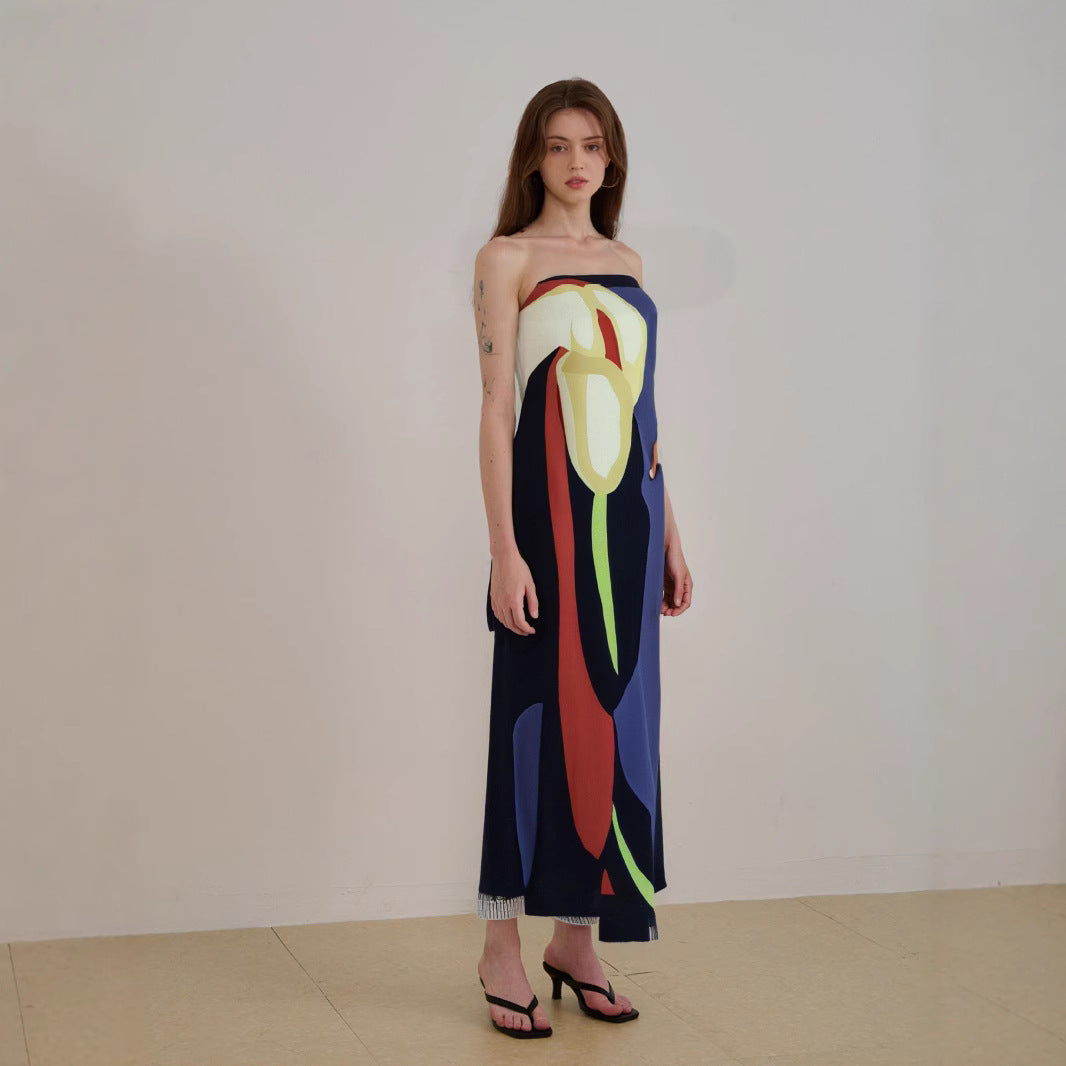 Women's midi dress – Strapless – Abstract print – Elegant fluid cut